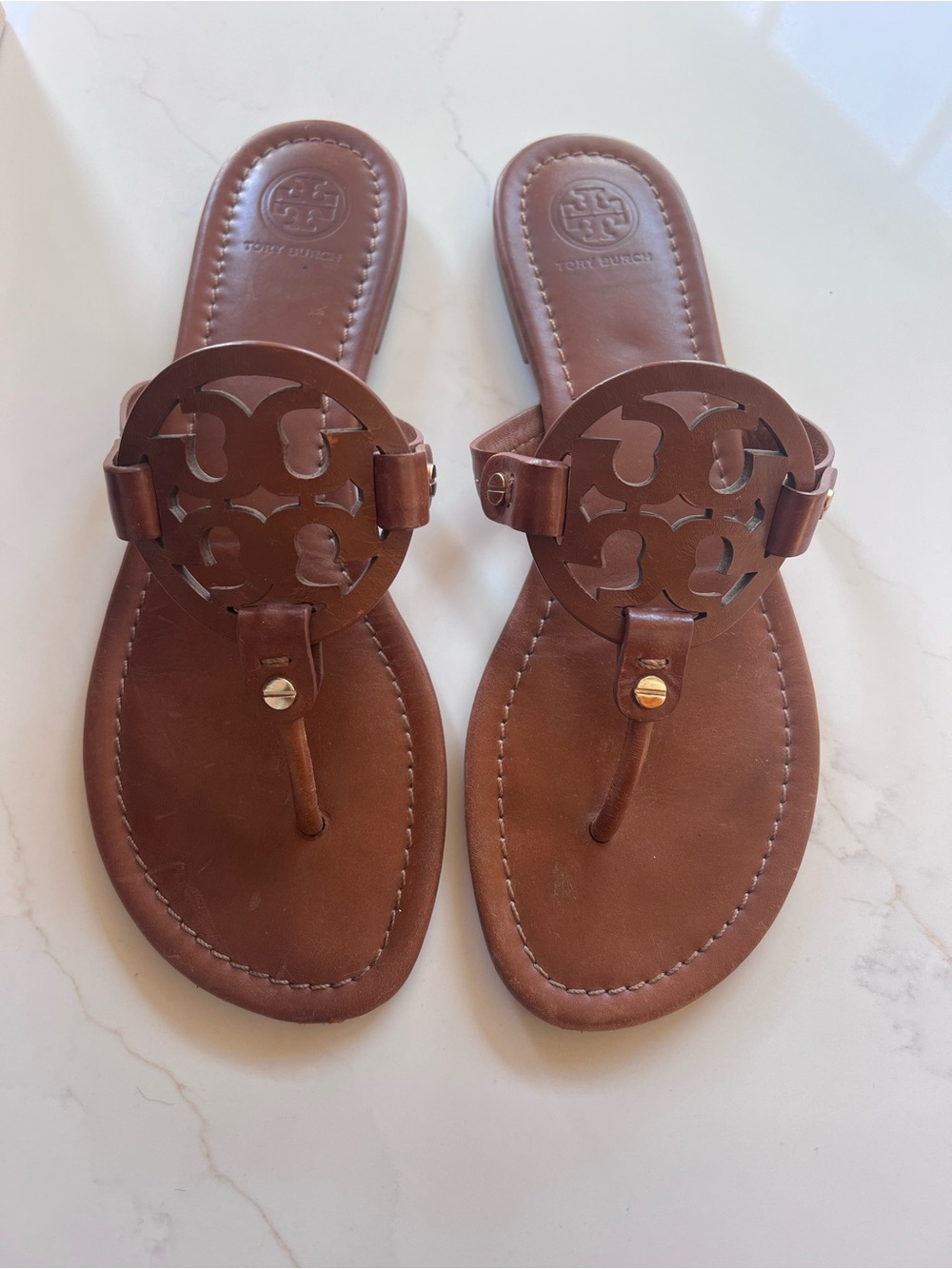Tory Burch Brown Leather Logo Thong Sandals
